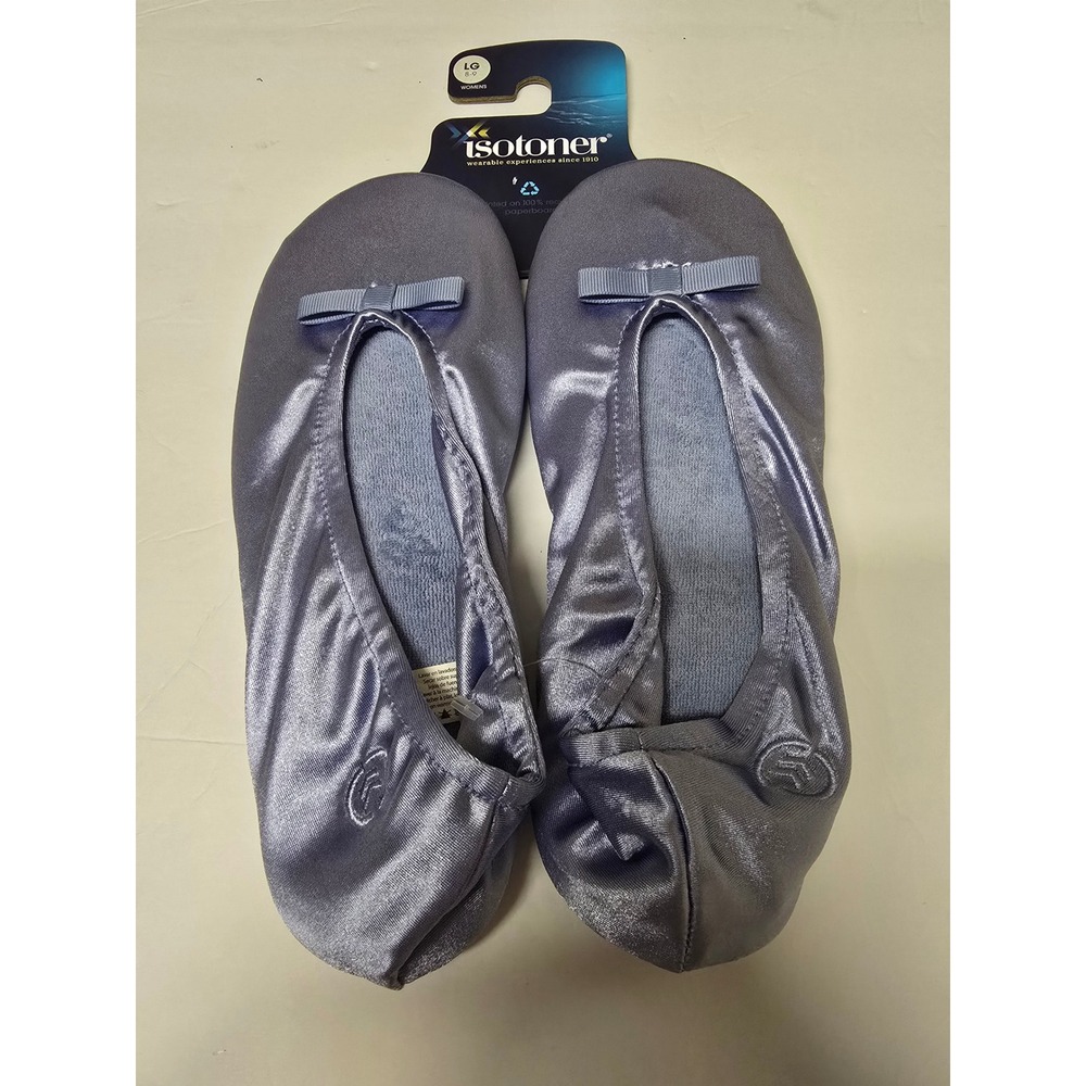 Isotoner Womens Satin Ballerina Slippers Periwinkle Bow House Shoes 8-9 L NWT